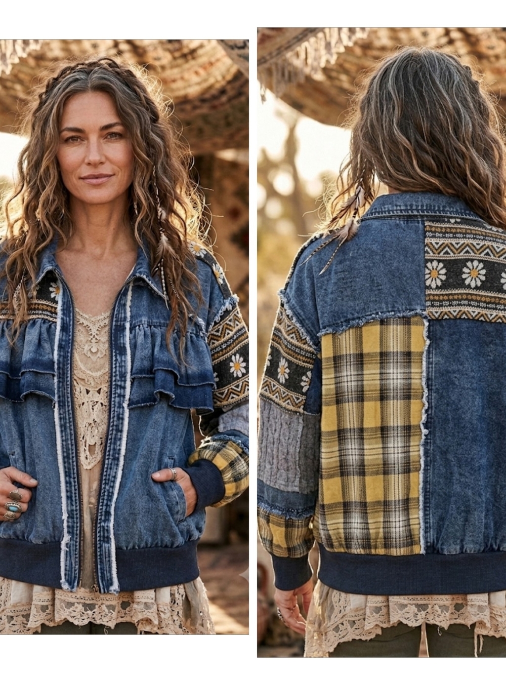 Boho Patchwork Denim Ruffle Jacket with Plaid